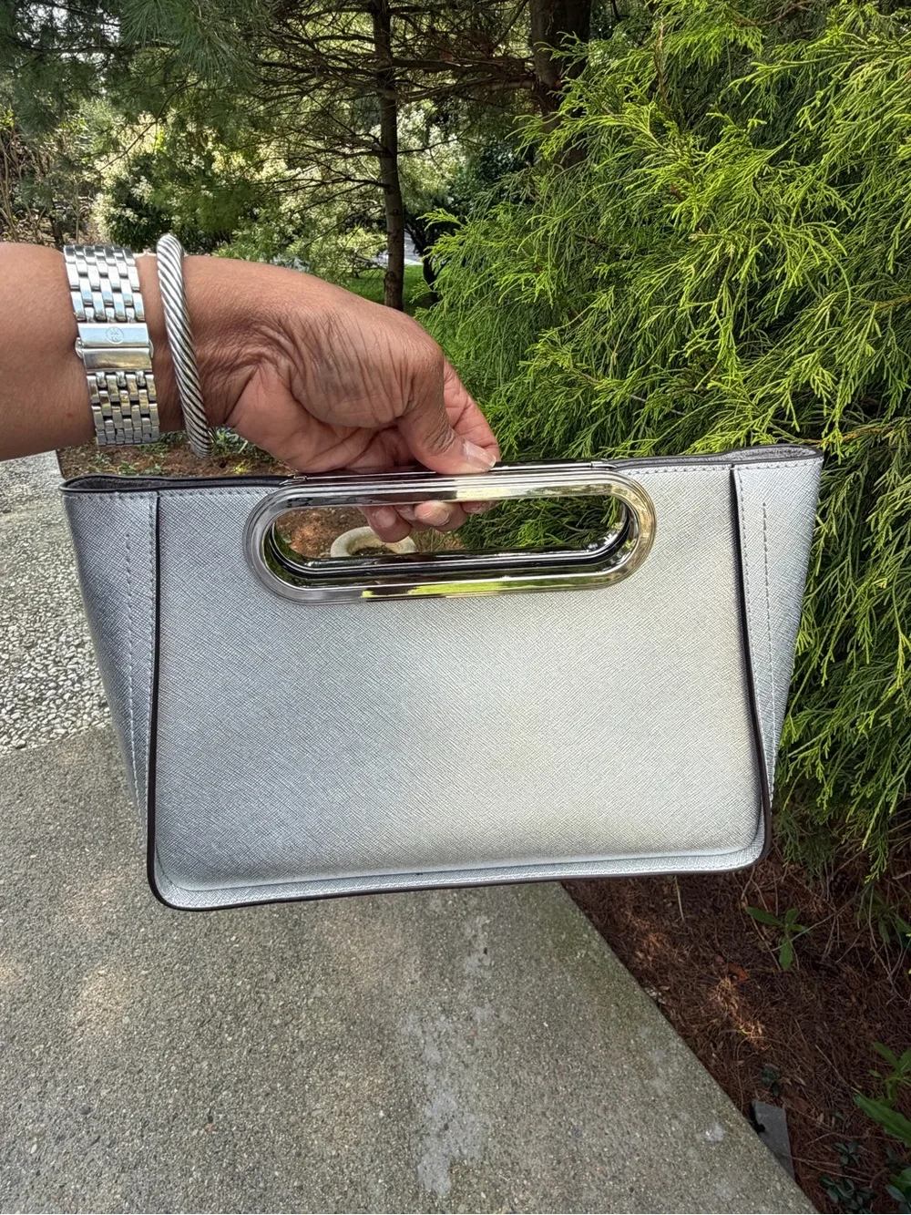 Michael Kors Silver Metallic Leather Cutout-Handle Crossbody Clutch